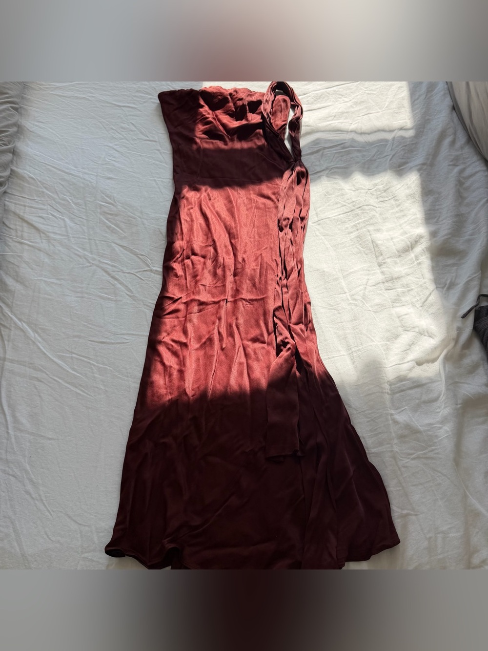 NWT BHLDN Anthropologie Leah Strapless Satin Scarf Slip Midi Dress S Cocoa Plum - Picture 4 of 8
